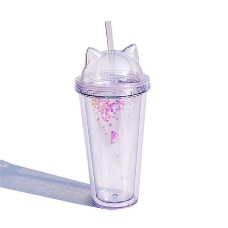 

420ml Ins Style Portable Reusable Glittery Drinkware Cat Ear Drinking Cup Double Wall Water Bottle Smoothie Cup TRANSPARENT