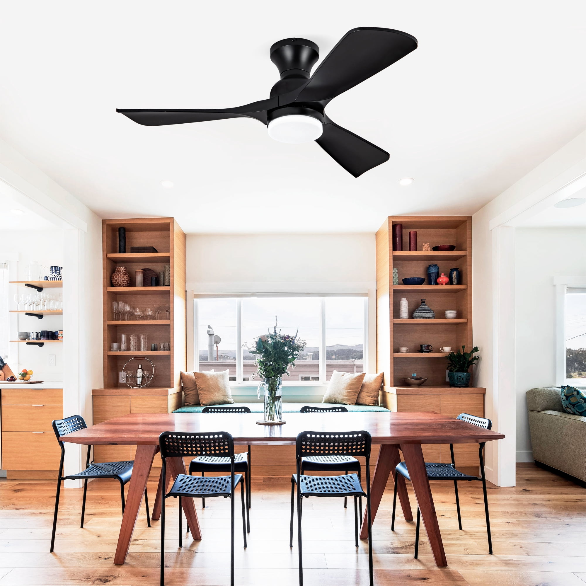 Ceiling Fan with Lights, 42 Inch Flush Mount Remote Control ABS Blades Indoor Ceiling Fan for Bedroom Living Room, Black
