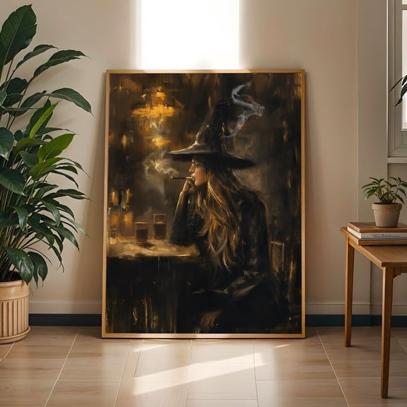Gothic Witch Martini Print Dark Academia Halloween Poster Vintage Fantasy Art Home Decor Office Wall Art