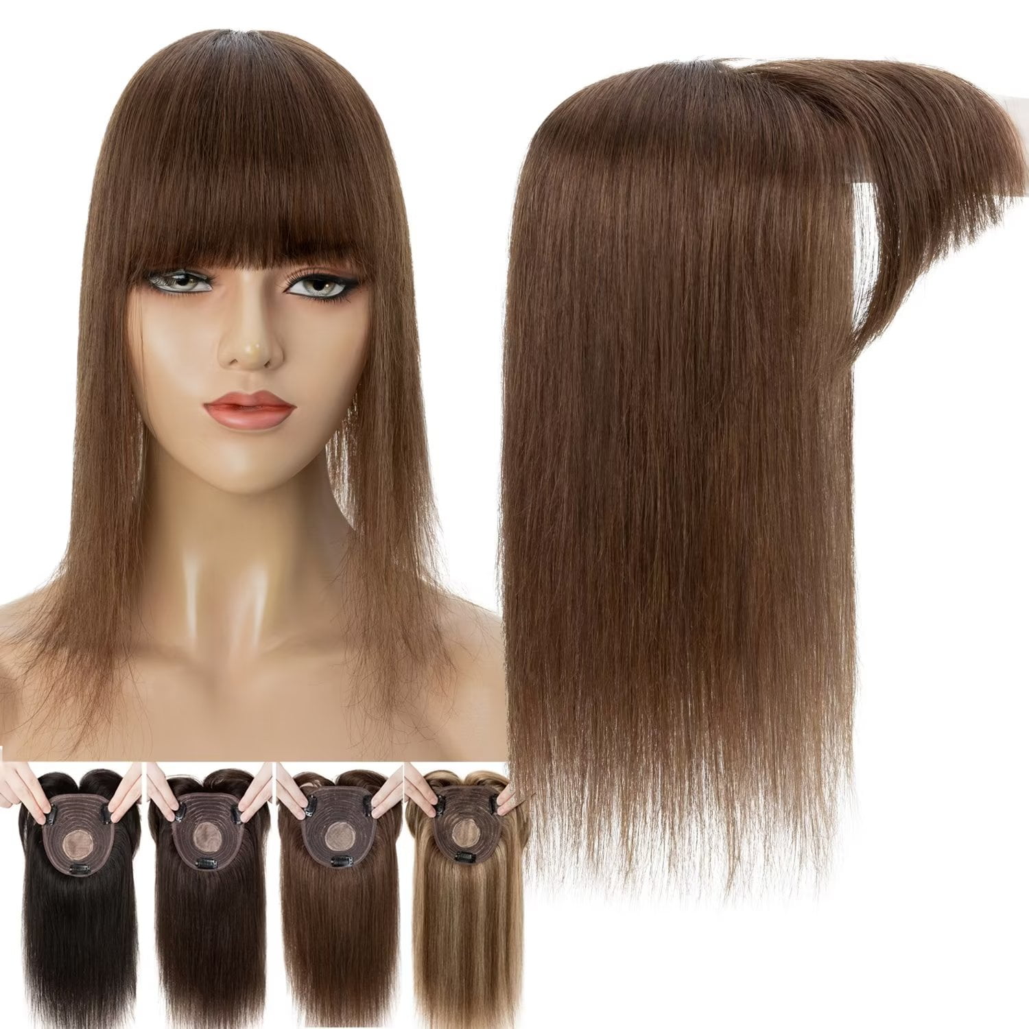 Benehair NEW 10cm*12cm 100% Remy Human Hair Clip In Topper Toupee Hairpiece Wig Top Piece Base Wiglet With Bang Brown