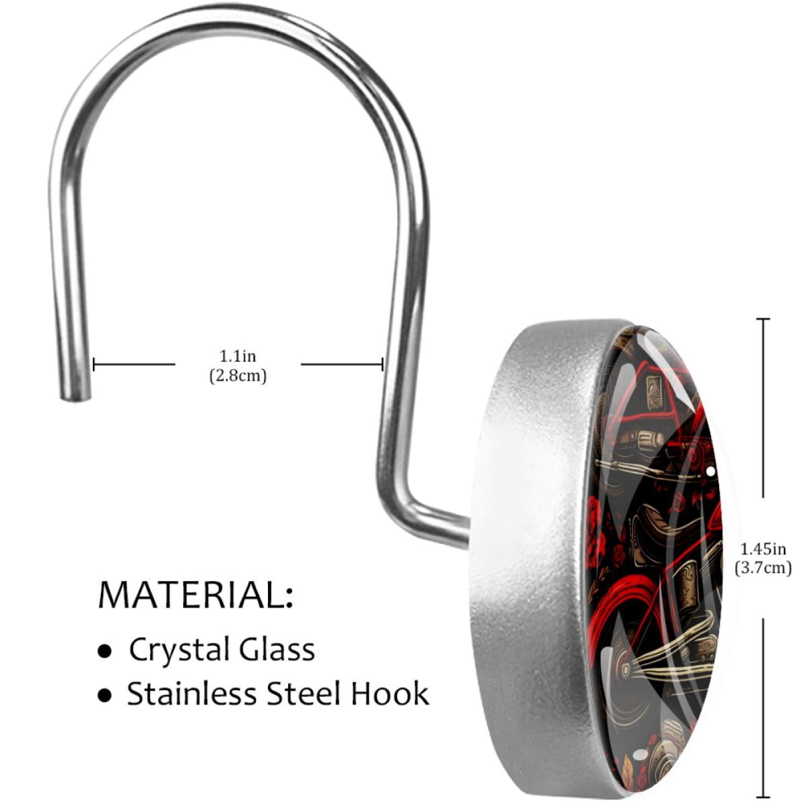 Motorcycle Shower Curtain Hooks （Set of 12） for Home Hotel Shower Rods Bathroom Crystal Glass Print Stainless Steel Round Curtain Hooks