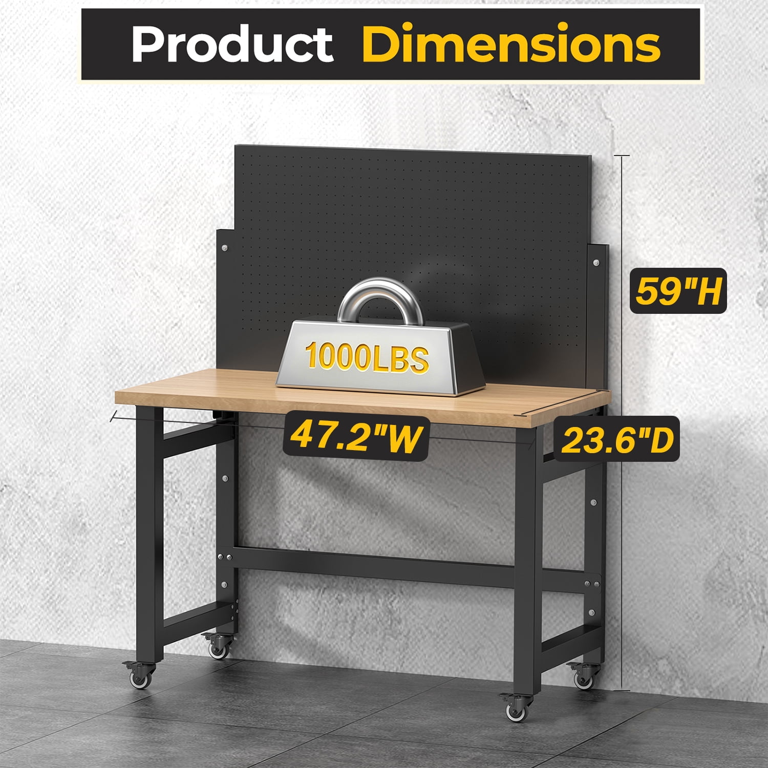 Mobile Work Bench with Pegboard, Heavy Duty Folding Work Table with Wheels, Space Saving Wood Top Tool Storage Rolling Desk for Garage, Workshop, Home Studio 59"H x 47.2"W x 23.6"D