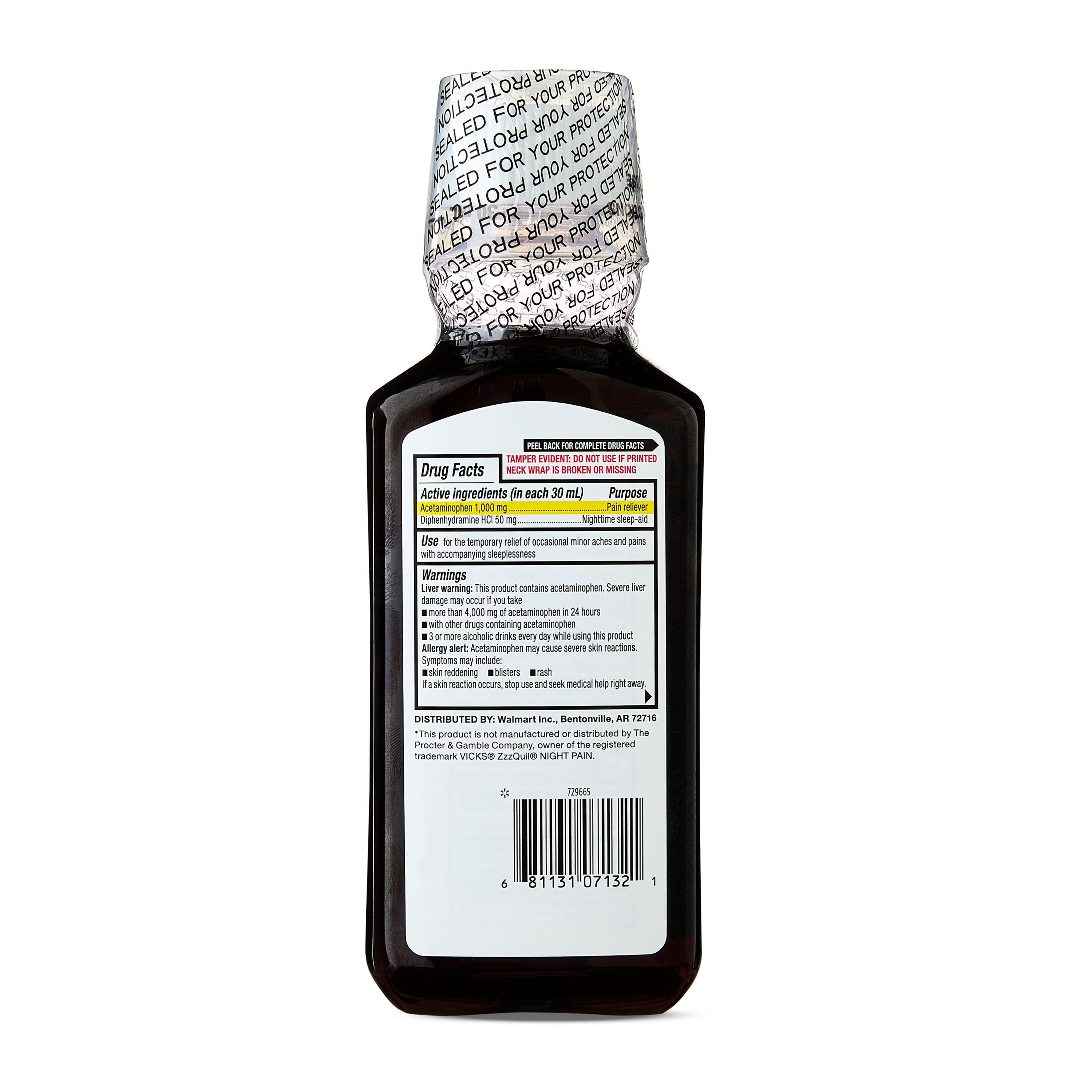 Equate Alcohol-Free Nighttime Pain Reliever+Sleep-Aid Liquid, Acetaminophen 1000mg Diphenhydramine 50 mg, Midnight Berry Flavor, 12 fl oz