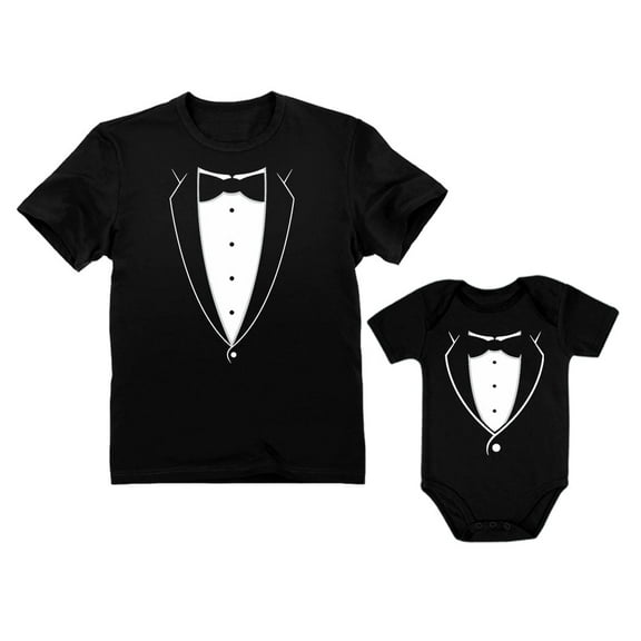 Printed Tuxedo With Bow-Tie Suit Father & Son Tux Men's T-shirt & Baby bodysuit Dad Black XXX-Large / Son Black 12M (6-12M)