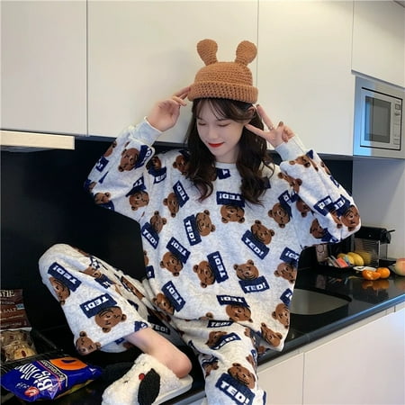 

Autumn Winter New Warm Flannel Women s Pajamas Set Long-sleeved Trousers Two-piece Set Cute Soft Home Wear Clothes for Women