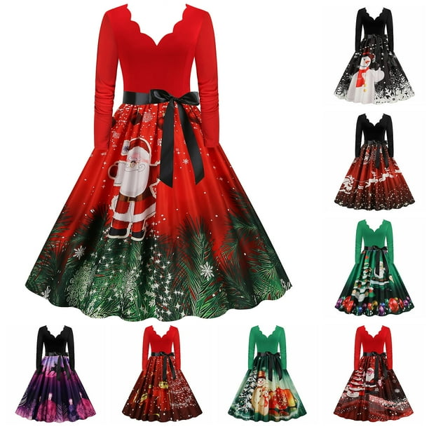 Disfraces de Navidad Temperamento Flor Ardiente Escote en V Manga larga Estampado de costuras Falda con vuelo grande retro S-3xl / 10 colores para elegir