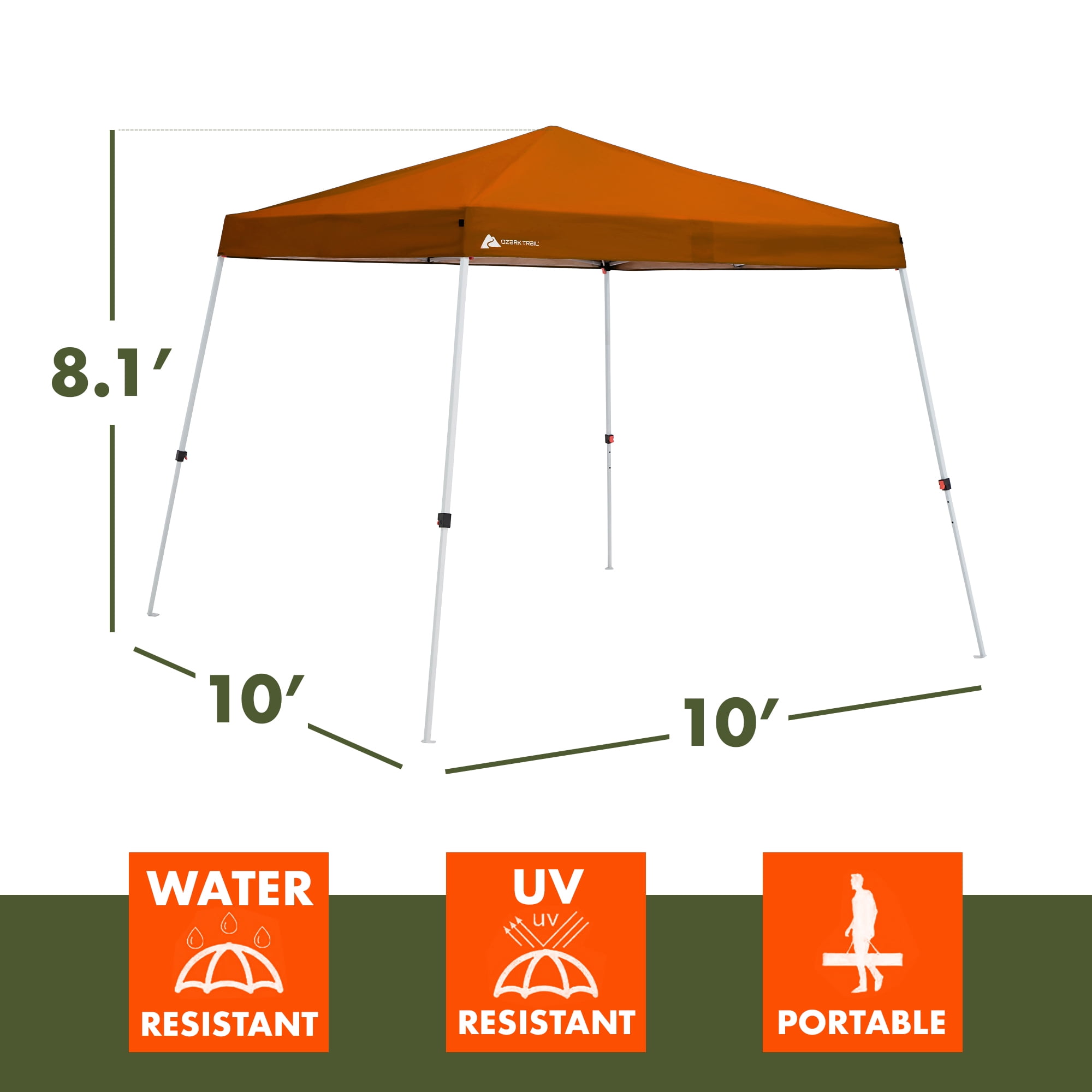 Ozark Trail 10' x 10' Instant Slant Leg Pop-up Outdoor Canopy, Burn Orange