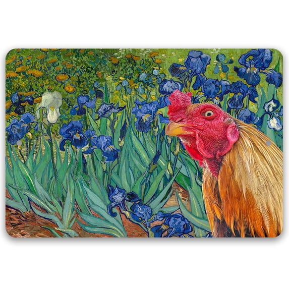 Metal Sign - Irises Painting - Interrupted by Rooster - Durable Metal Sign - Use Indoor/Outdoor - Funny and Artsy Chicken Farm and Coop Decor and Gift (12" x 18")