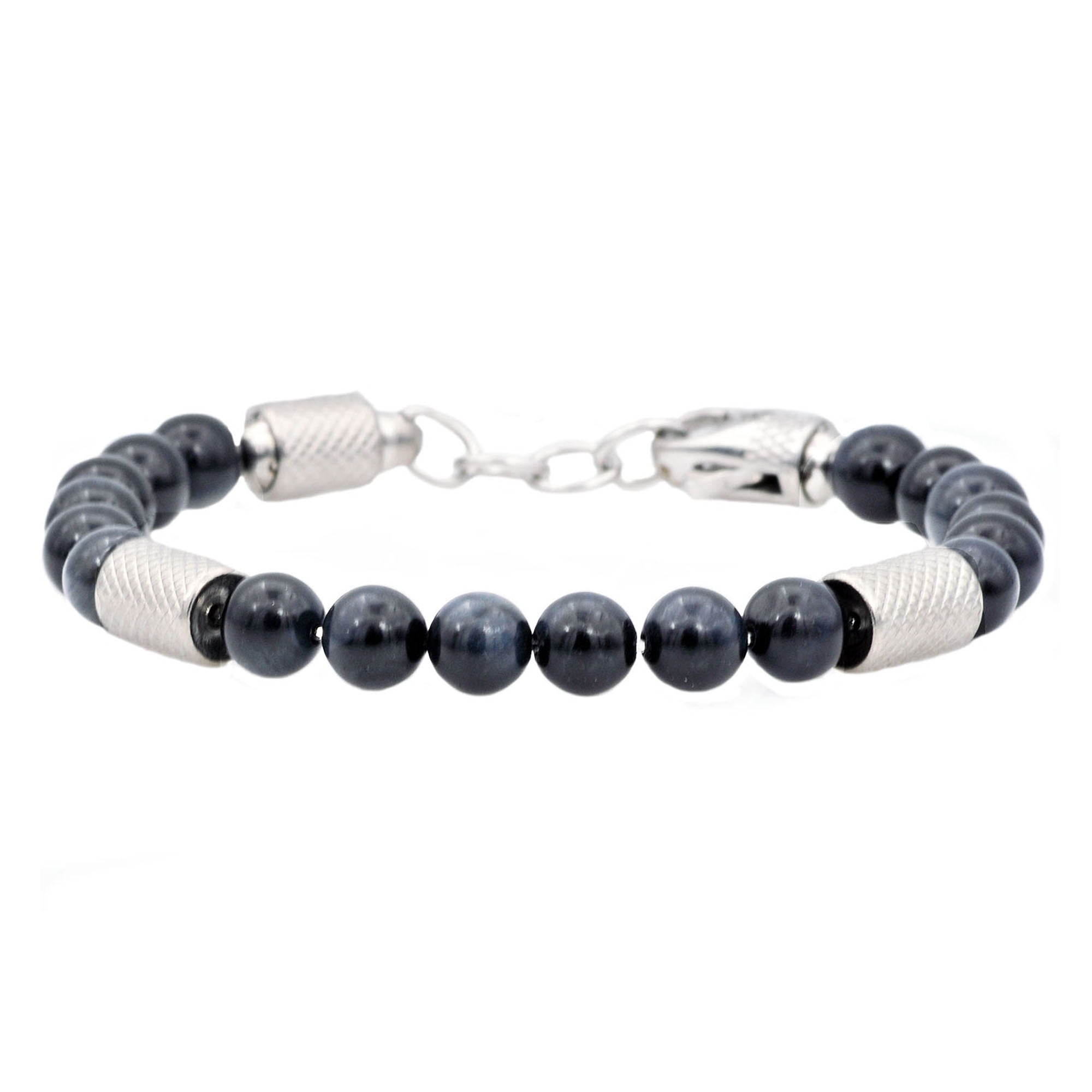 Arista Genuine Blue Tiger Eye Bead Bracelet in Stainless Steel ,8"