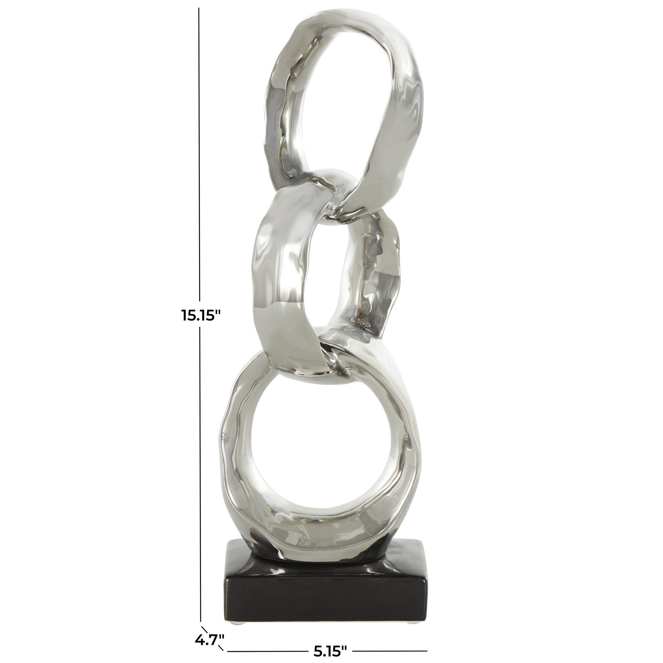 5" x 15" Silver Ceramic Interlocked Ring Abstract Sculpture with Black Base, by DecMode