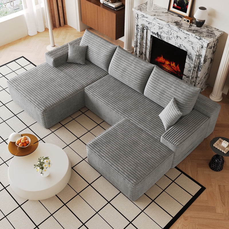 107" Cloud Sectional Sofa with Ottoman, U-Shaped Modular Couch with Deep Seats, Modern Minimalist Upholstered Sofa with Chaise, Plush Corduroy Living Room Sofa, No Assembly Required