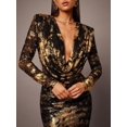 thumbnail image 7 of Black & Gold Metallic Deep V-Neck Long Sleeve Bodycon Dress For Evening Cocktail Party, 7 of 7