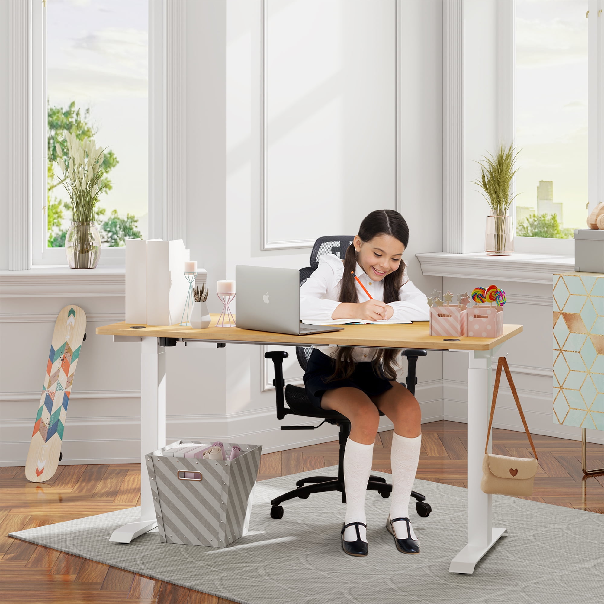 Sobaniilo 48" x 24" Height Adjustable Electric Standing Desk W/ Memory Controller W/ Splice Board (Maple Top + White Frame)