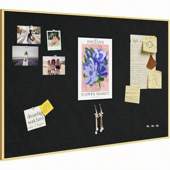 Bulletin Board 30 X 20 Inches Black Pin Board Golden Aluminum Framed Fabric Cork Board With 10 Push Pins