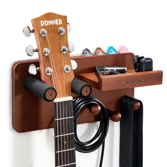 Donner Guitar Wall Mount with 3 Hooks, Wood Guitar Hanger with Shelf and Pick Holder, Wall Stand Rack for Acoustic, Electric, Bass, Ukulele