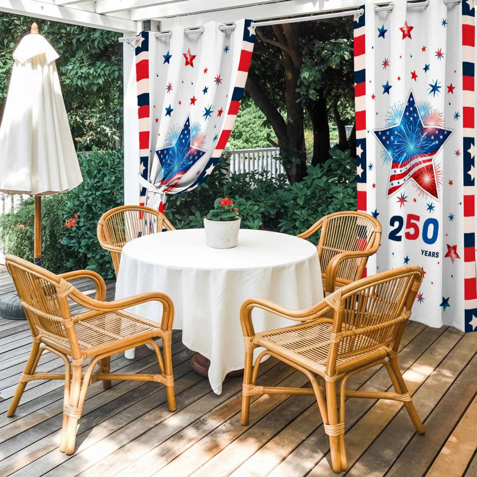 Independence Day Outdoor Curtains for Patio, Years US Flag Red Blue Star Fireworks Sunshade Privacy Drapes Grommet Waterproof Outside Curtains for Porch/Cabana/Balcony 54"x 108", 1 Panel