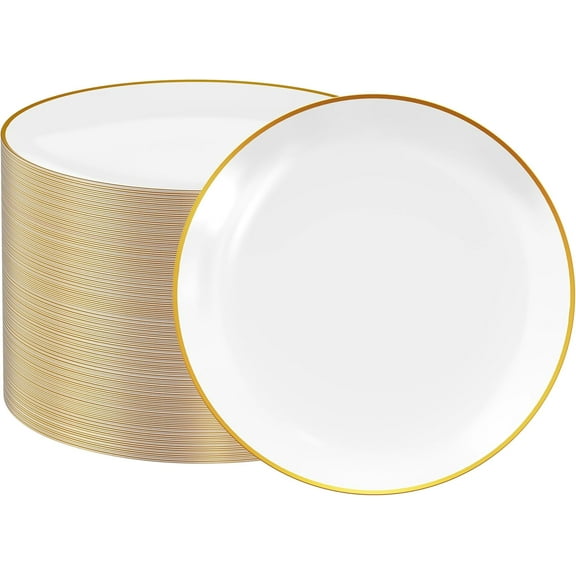 100 Count Gold Plastic Plates 10.25 Inch, Disposable Heavy Duty Dinner Plates, Premium Hard Plastic Plate Fancy Disposable White Plate with Gold Rim