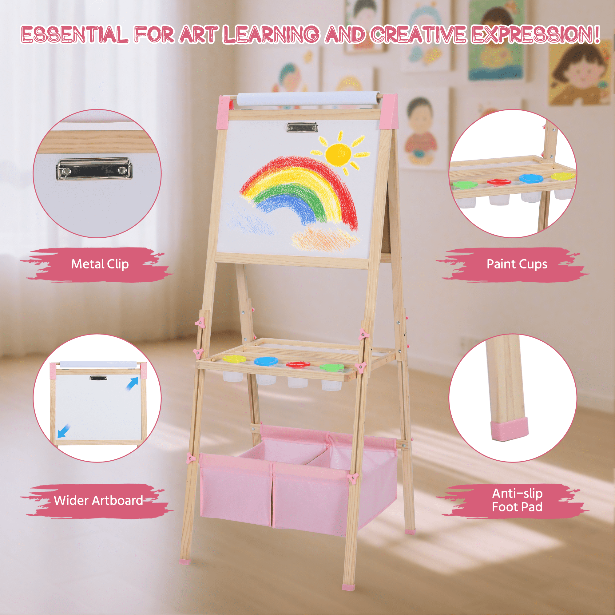 AILEEKISS Kids Art Easel Double-Sided Art Easel with Whiteboard and Chalkboard for Painting, Pink