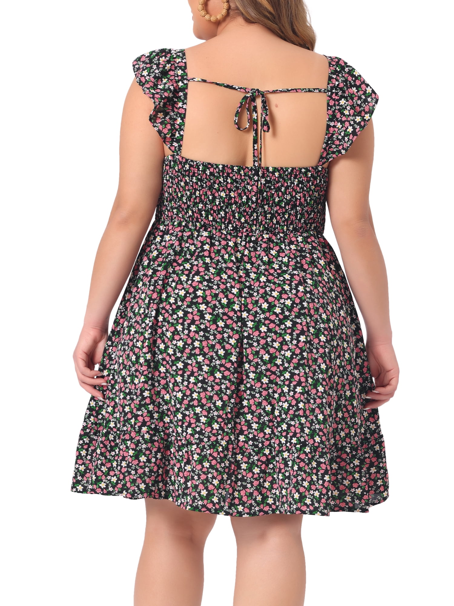 DARING DIVA Women's Plus Sweetheart Neck Ruffle Backless Floral Dresses 3X Black
