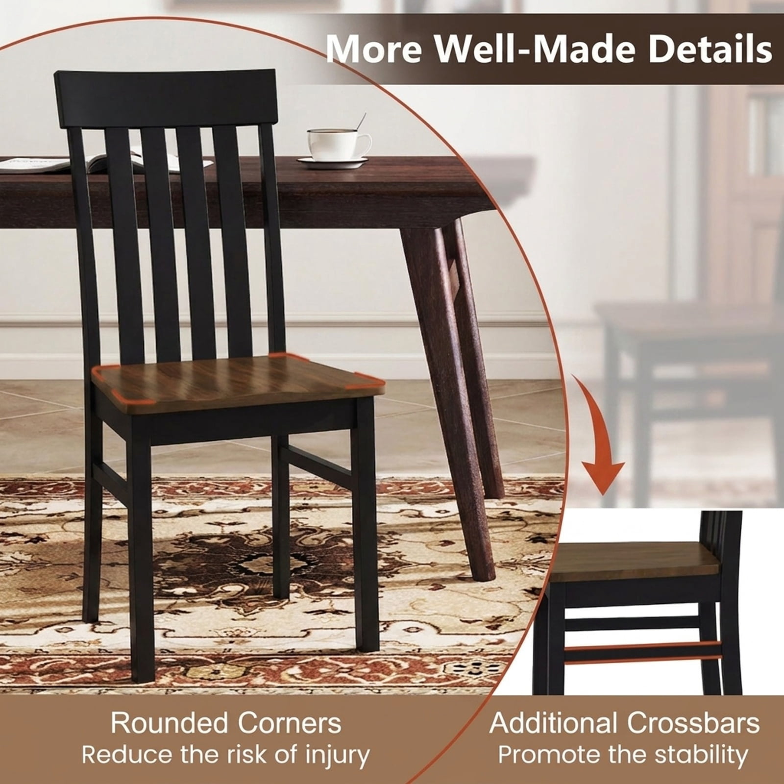 Furnibear Wooden Dining Chairs Set of 2 Armless Kitchen Chairs with Slatted High Backrests and Rubber Wood Legs for Dining Room, Black