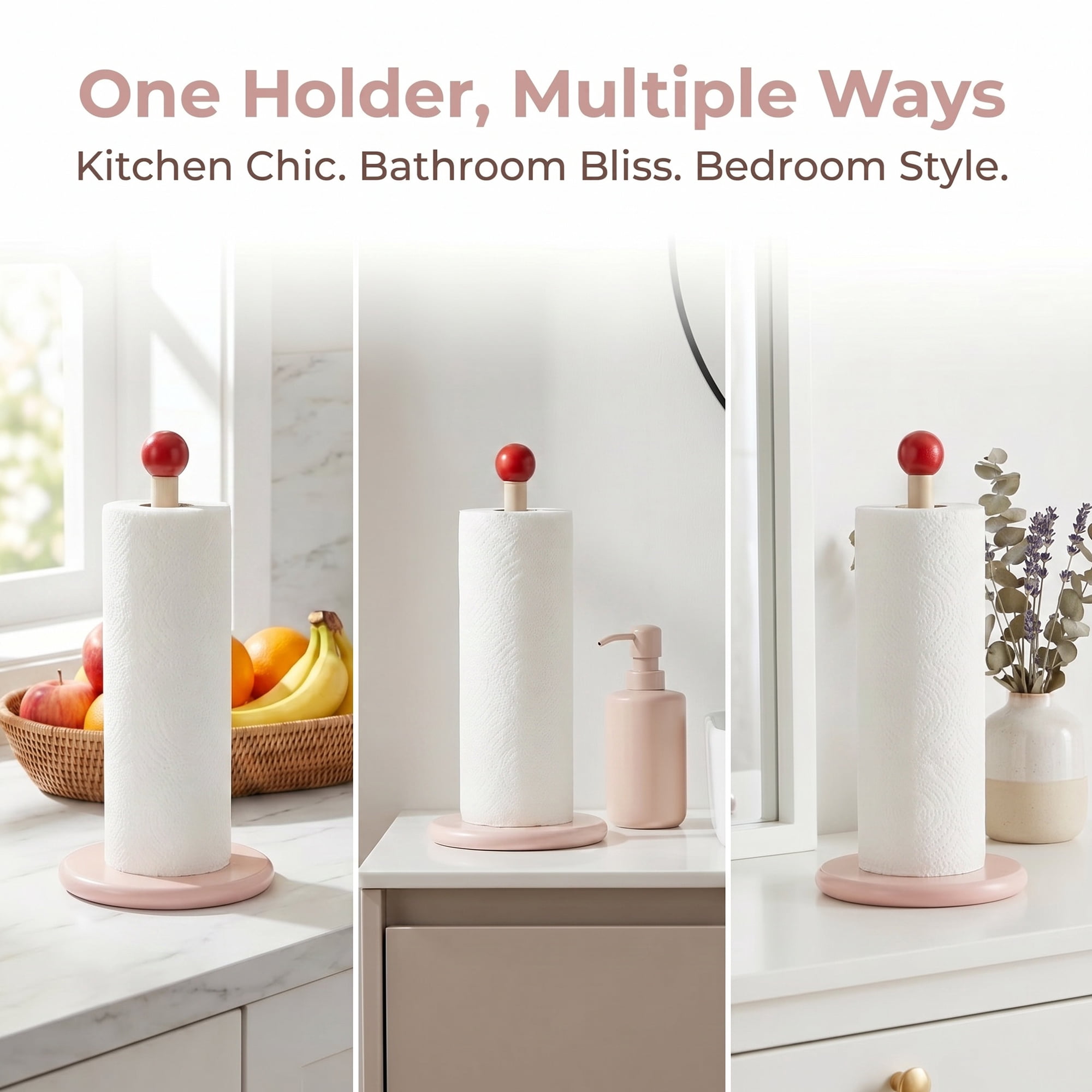 Unique Bargains Paper Towel Holder Countertop Weighted Base Dispenser Wood Pink 12x5.9in