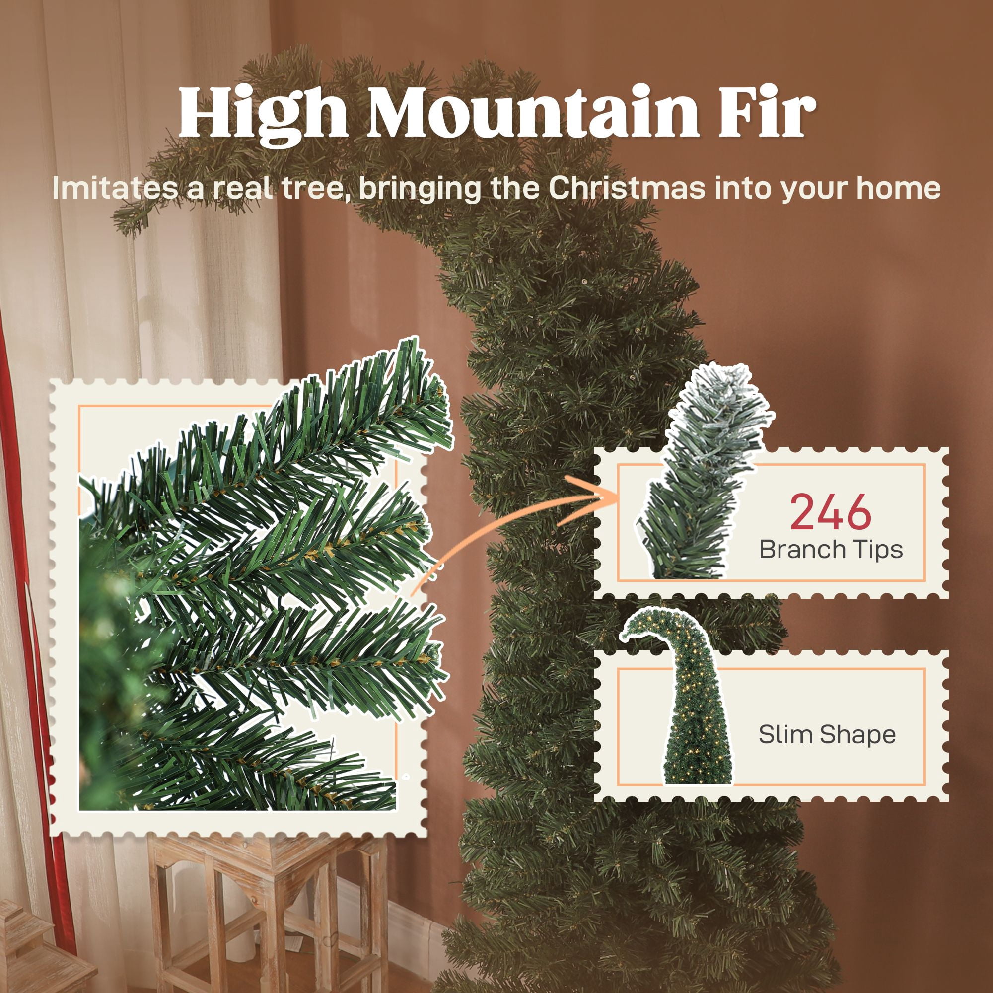 Slim Prelit Christmas Tree with Bent Top, 5 ft Artificial High Mountain Fir with 100 Warm White LED Lights and Metal Stand, 246 Tips for Small Spaces and Corners