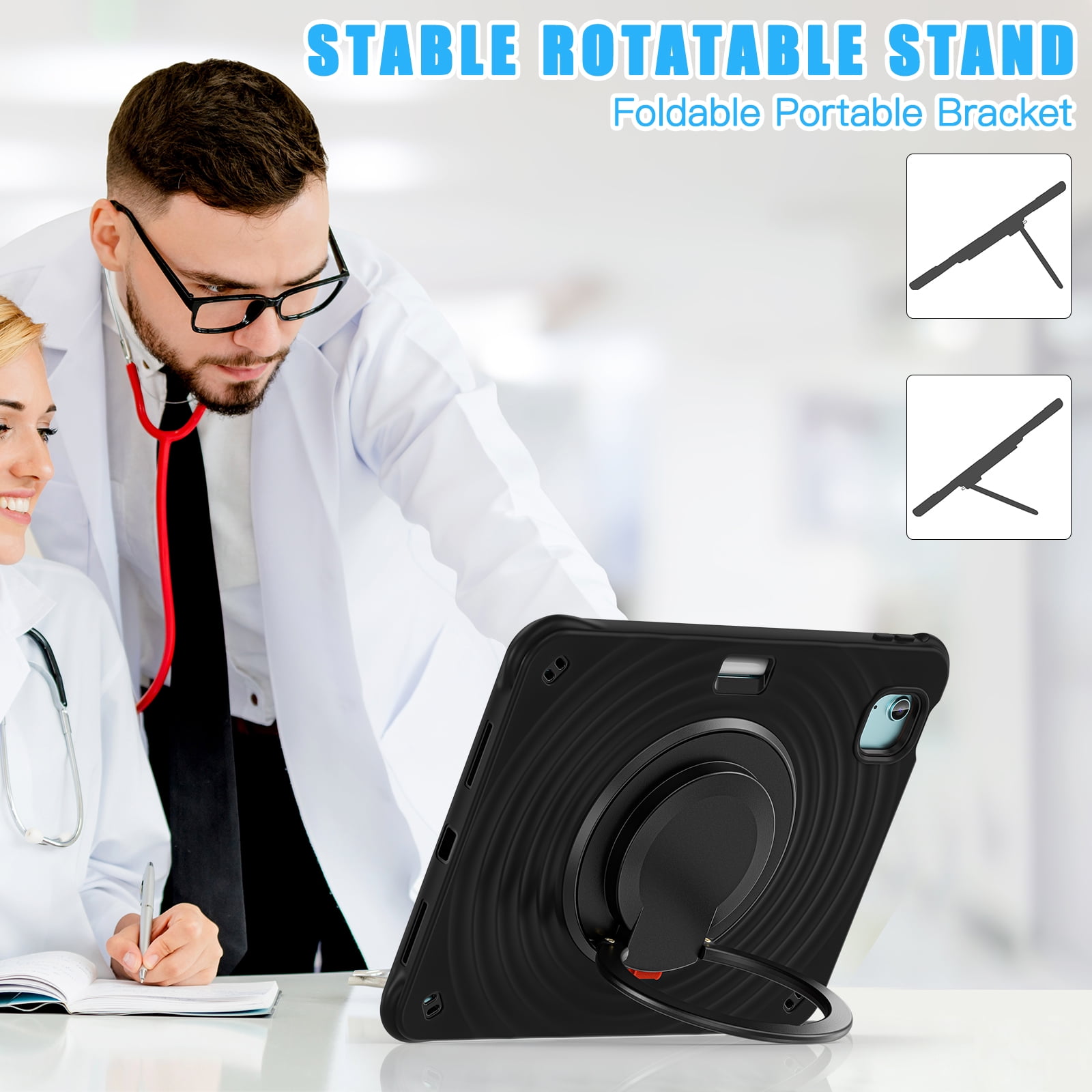 Case for Apple iPad Air 11 (2024) with Stand for Women Men, 360° Rotatable Kickstand Shoulder Strap Pencil Holder Shockproof Protective Back Cover for iPad Air 11 inch Case M2 2024, Black