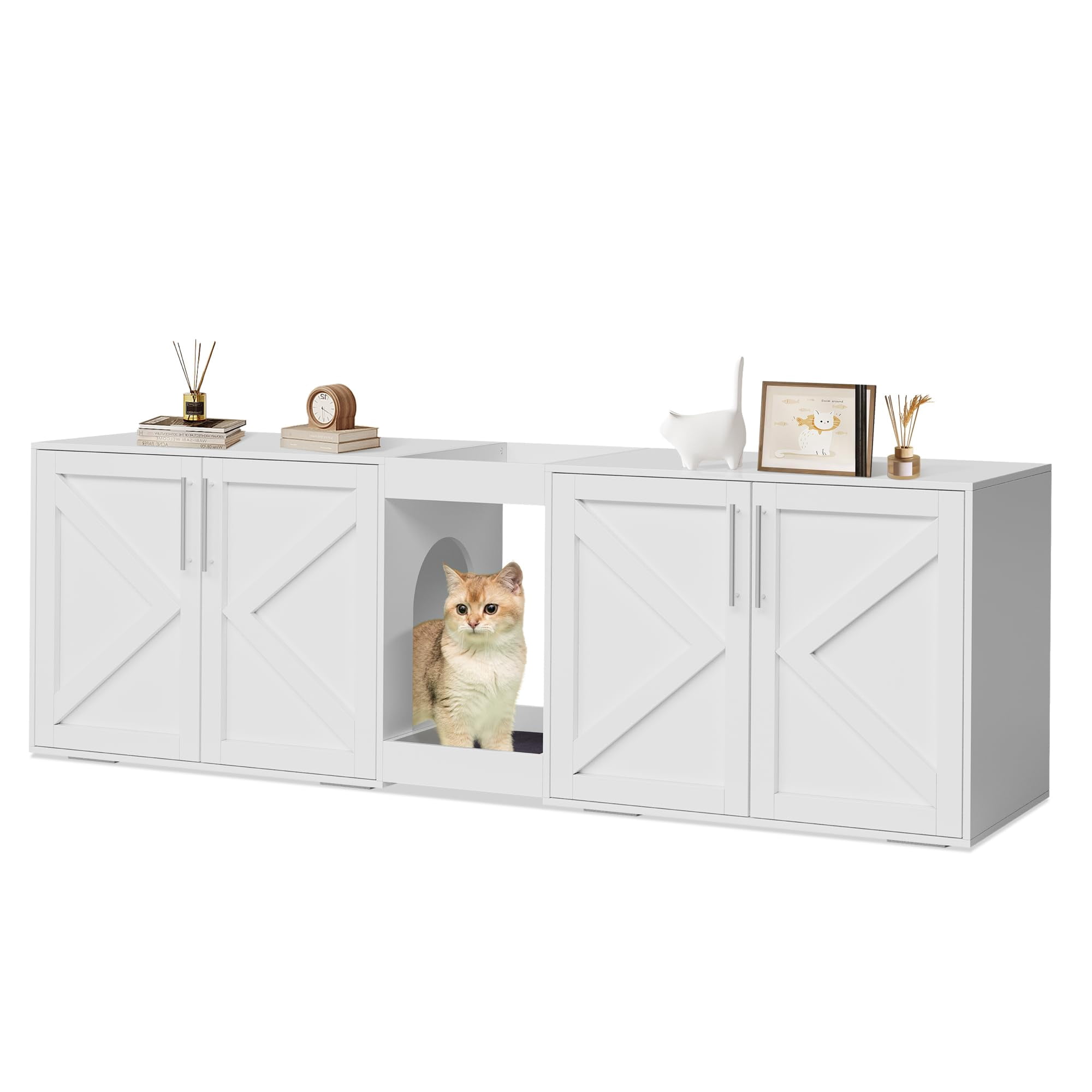 55" Large Cat Litter Box Enclosure for 2 Cats,Litter Box Enclosure with Double Cage,Hidden Cat Litter Box Furniture with Double Room and Cushion,Wooden Kitty Litter Box Cabinet Furniture,Cat House