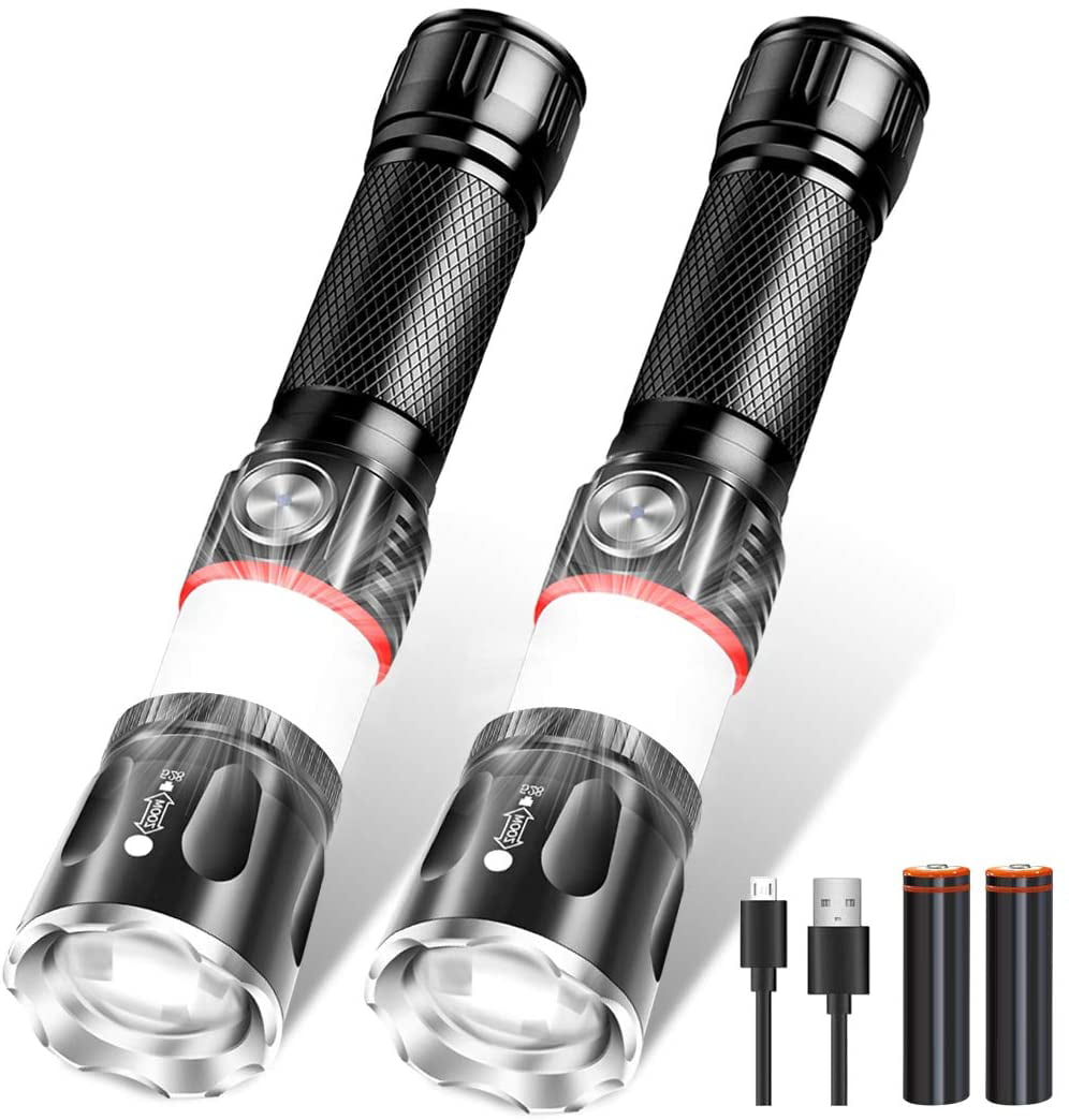 Hiking LED Flashlights for Camping Water Resistant Zoomable iToncs Magnetic Flashlight Pocket-Sized Torch with Super Bright 1000 Lumens T6 LED Rechargeable Flashlight Emergency 2 Pack 
