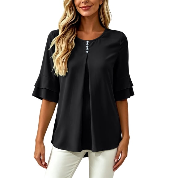 WRFWUL Womens Elegant Button Blouses Casual Crewneck Tiered Ruffle Sleeve Shirts Loose Fit Curved Back Chiffon Tops