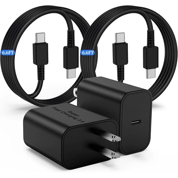 Super Fast Charger with Type C Cable 6.6FT, 2 Pack 45W USB C Wall Charger Block for Samsung Galaxy S26 S25 Ultra S24 S23 S22 Note 20 Tab - Black