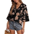 thumbnail image 2 of VISgogo Blusas informales para mujer, con estampado floral, manga 3/4, cuello en V, con retazos, blusas sueltas VISgogo  moda, 2 of 4