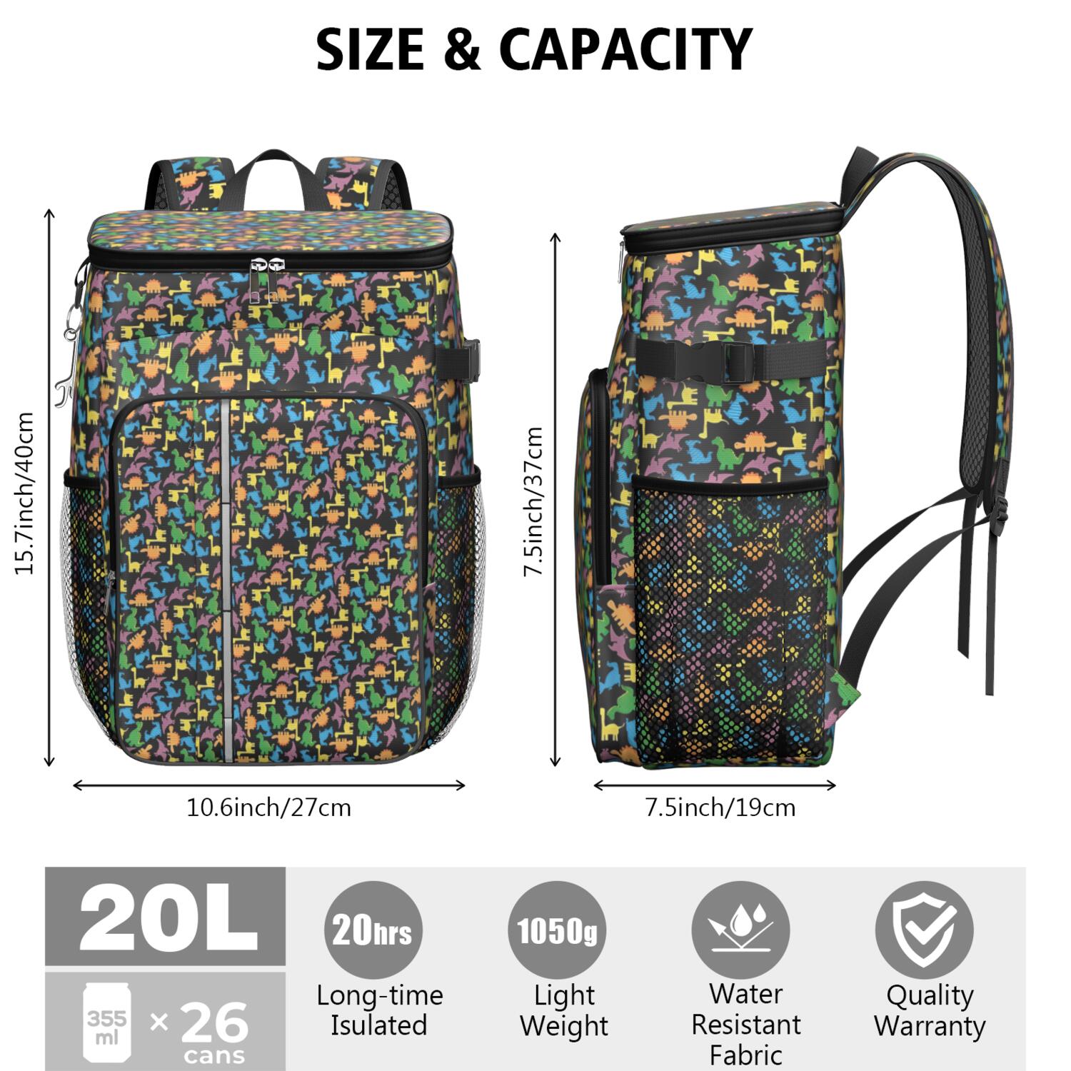 Travel Cooler Bag - Colorful Cartoon Dinosaurs SmallFigures Pattern Camping Beer Cooler Backpack with Bottle Opener- Waterproof Insulated Picnic Backpacks - Cooler Bag for Beach