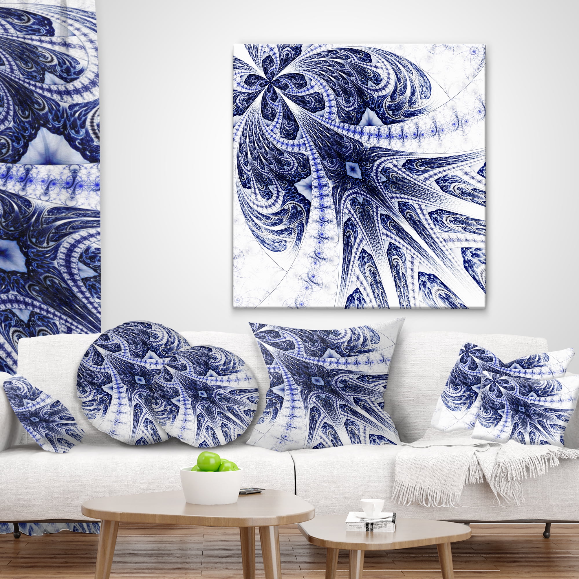 Designart Symmetrical Dark Blue Fractal Flower - Floral Throw Pillow - 12x20