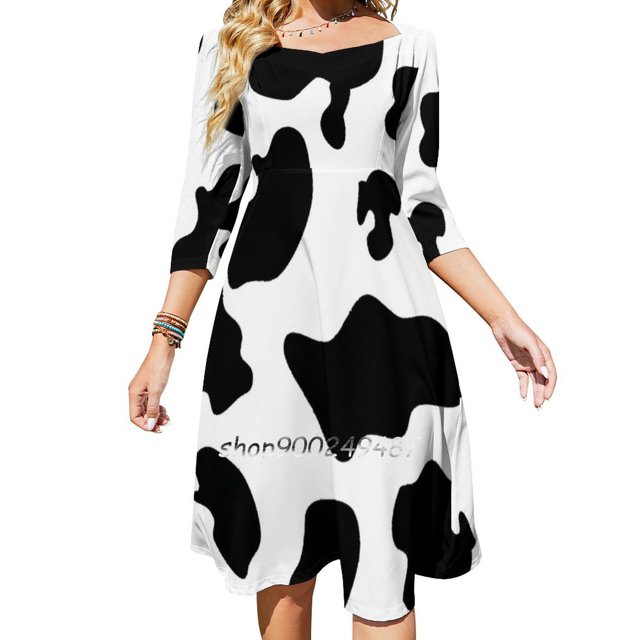 Cow Pattern Spots Animal Print Square Neck Dress Cute Loose Print Dresses Elegant Beach Party Dress Cow Pattern Cow Spots