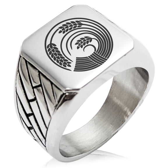 Stainless Steel Circle of Rice Plant Kamon Crest Geometric Pattern Biker Style Polished Ring