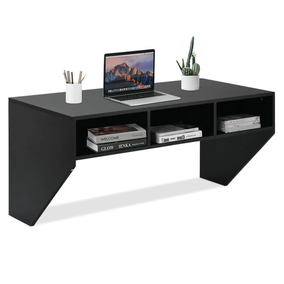 Spaco Wall Mounted Floating Sturdy Computer Table with Storage Shelf-Black, Office Furniture, Portable Desk for Home and Office