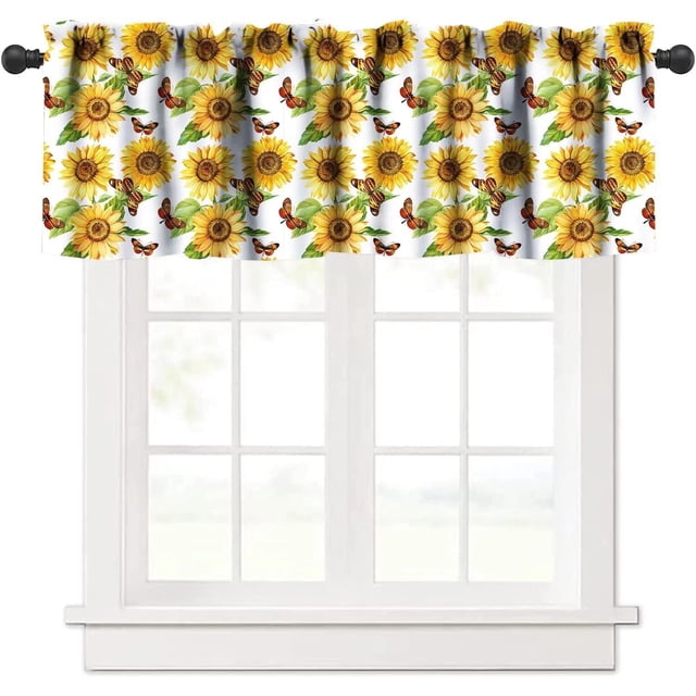 Floral Window Curtain Valance, Rustic Sunflower Window Toppers Valances Rod Pocket Window Treatments 1 Panel Flowers Butterfly Retro Short Curtains for Kitchen Bathroom Bedroom 54 x 18 inch