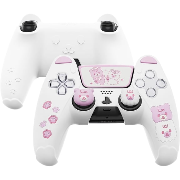 PlayVital Cute Bear Controller Silicone Case for ps5, Kawaii Controller Cover Compatible with Charging Station, Gamepad Skin Protector for ps5 with Touch Pad Sticker & Thumb Grips - White & Pink