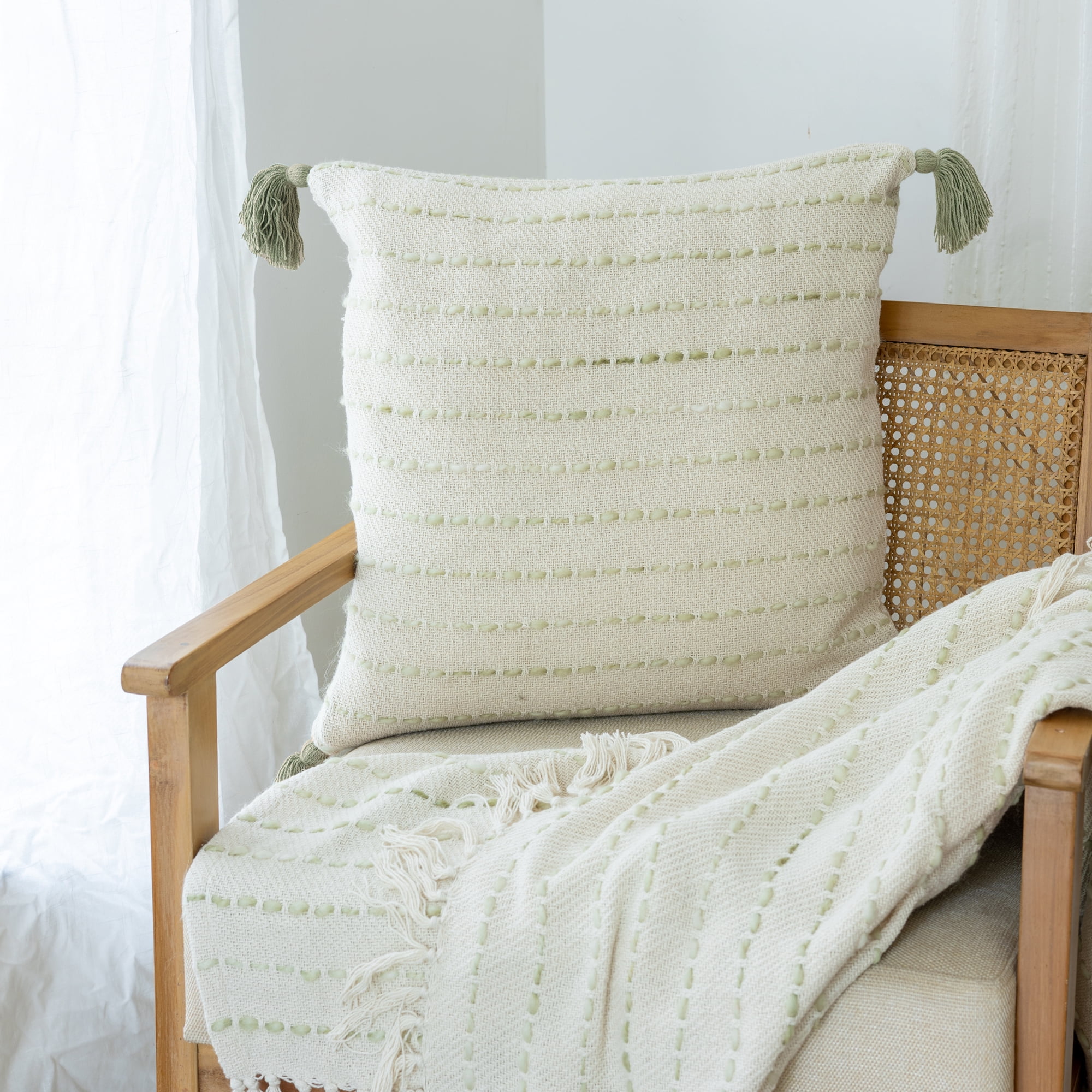 Harlow Hill Melanie 20" x 20" Sage/Ivory Striped Cotton Blend Adult Decorative Throw Pillow Cover