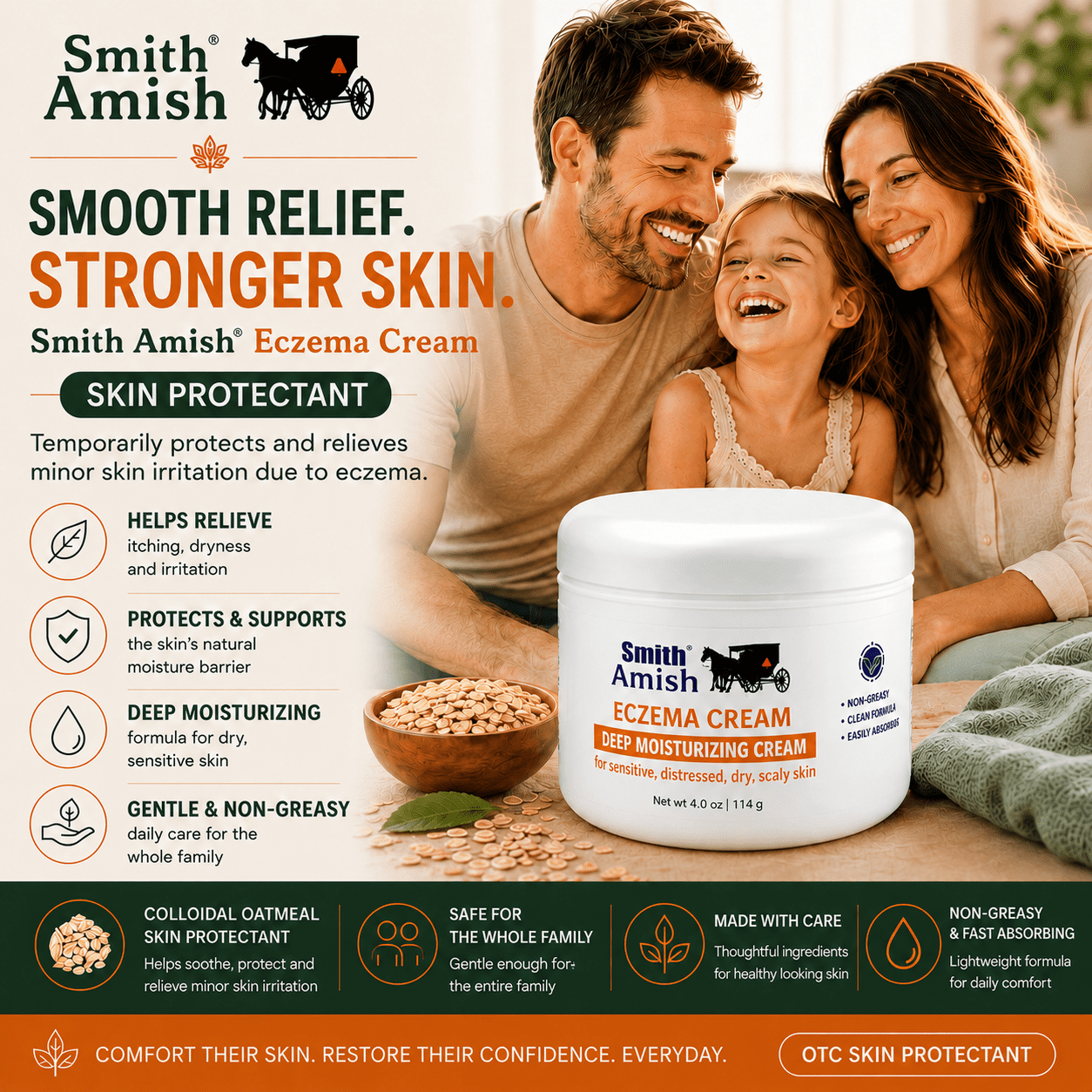 Smith Amish Eczema Cream, Colloidal Oatmeal Skin Protectant, Deep Moisturizing Cream for Dry Itchy Sensitive Skin, Non-Greasy OTC Relief, 4 oz.