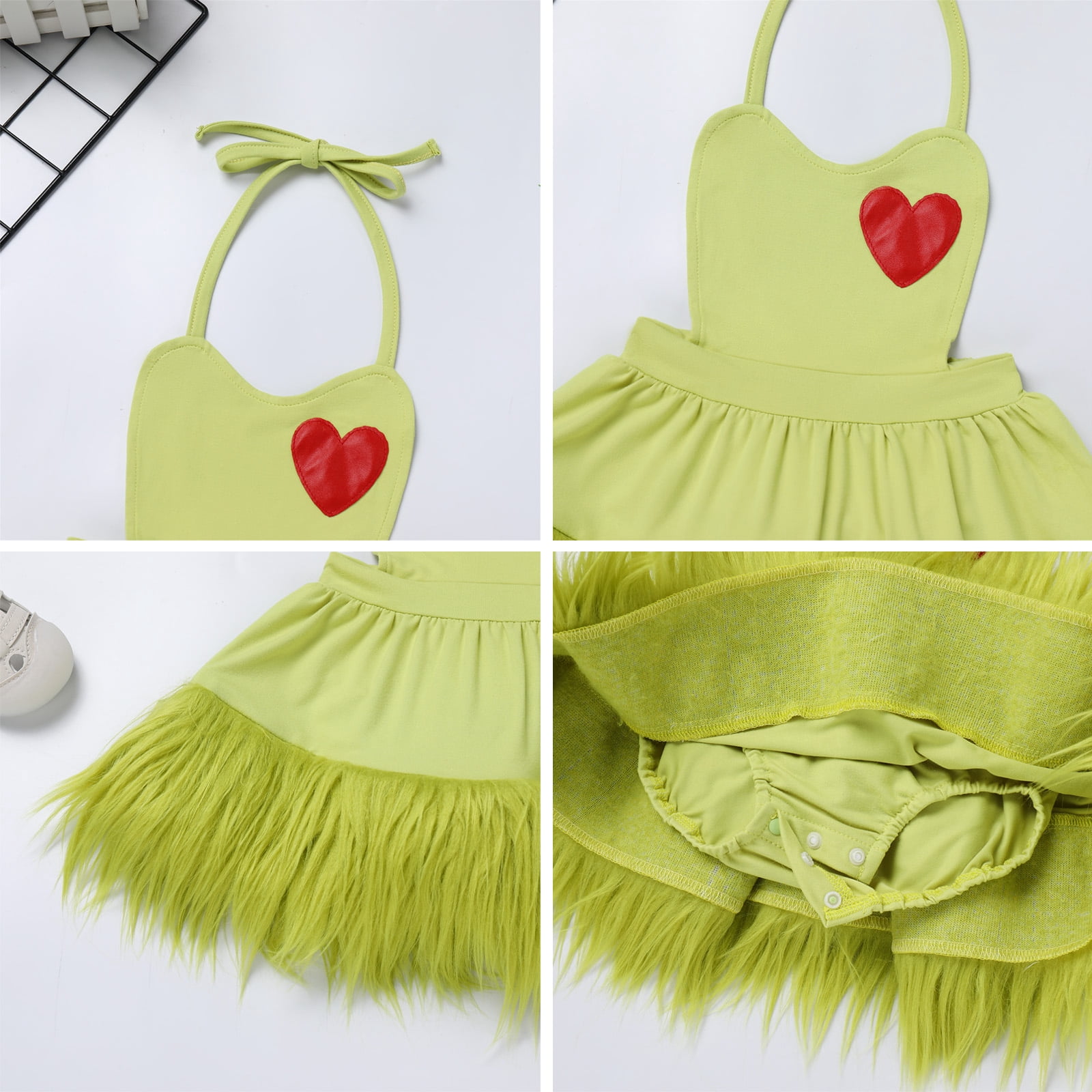 FYMNSI Baby Girl Christmas Outfit Toddler Green Faux Fur Romper Tutu Dress with Leg Warmers Xmas Dress Up Clothes