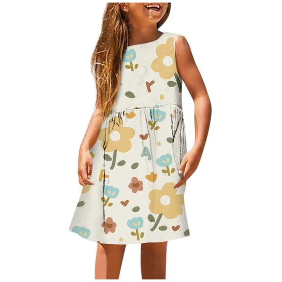 Dresses For Girls Fashion Cute And Printed Round Neck Sleeveless Casual Floral Dress Size 7-8T