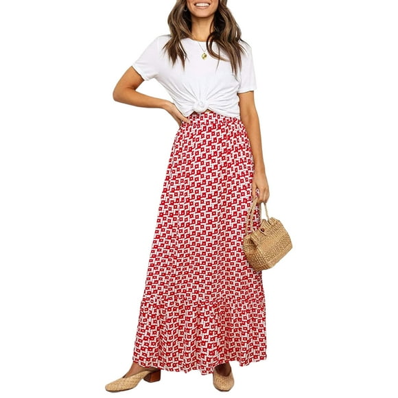 ZAXARRA Women Summer Bohemian Skirt Ruffled Hem Geometric Print Elastic High Waist A-Line Skirt for Beaches Club Streetwear