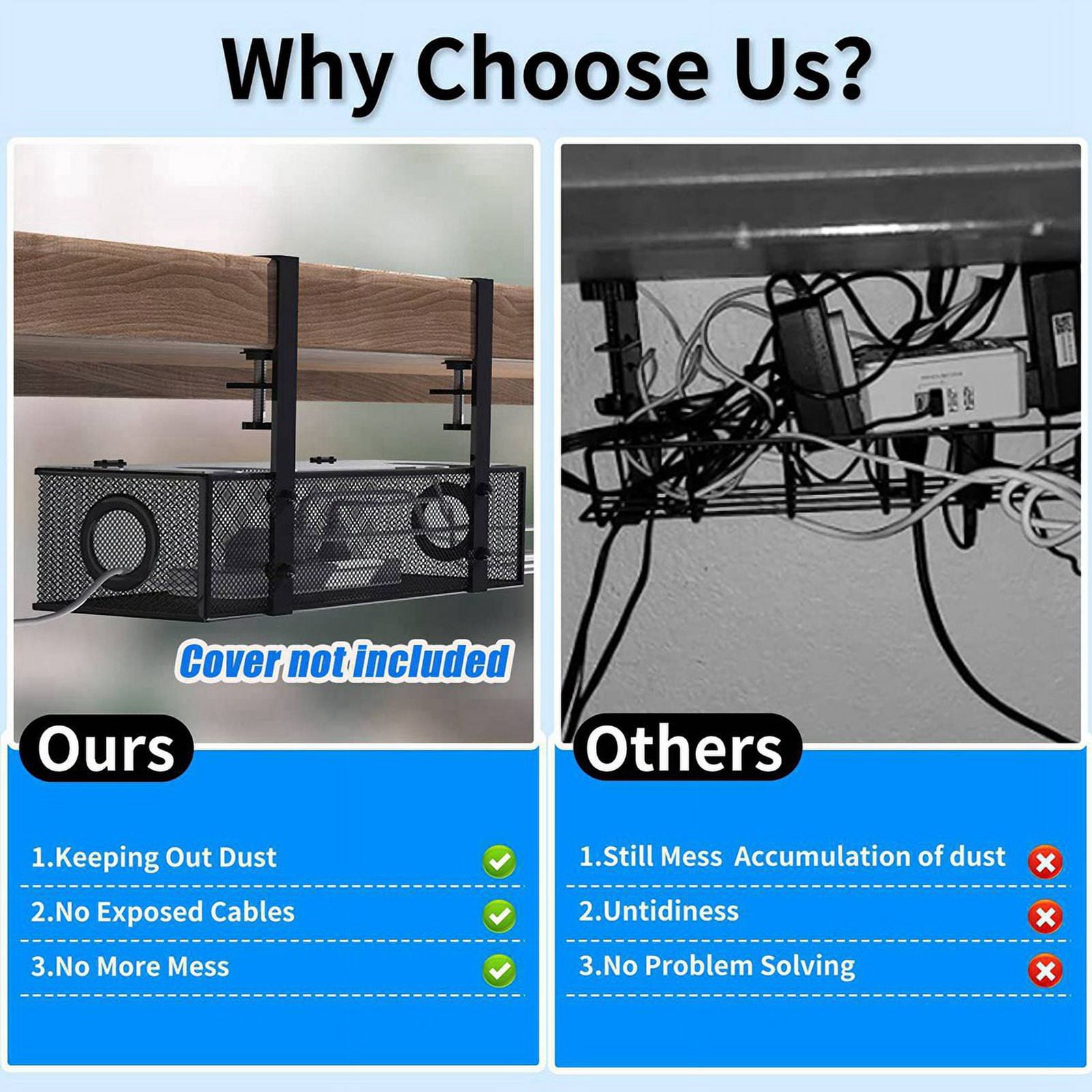 2X Under Desk Cable Management Box Tray Under Desk Wire Management Box Clamp Under Table Cord Management Organizer