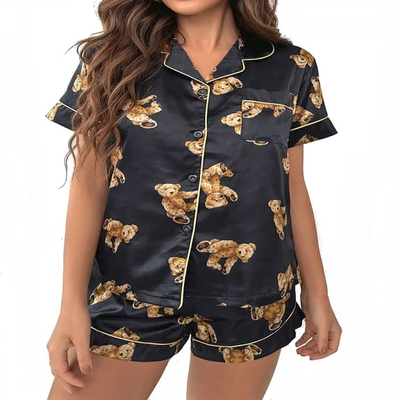WREESH Womens Satin Pajama Set Casual Home Button Pajama Two Piece Sets Black