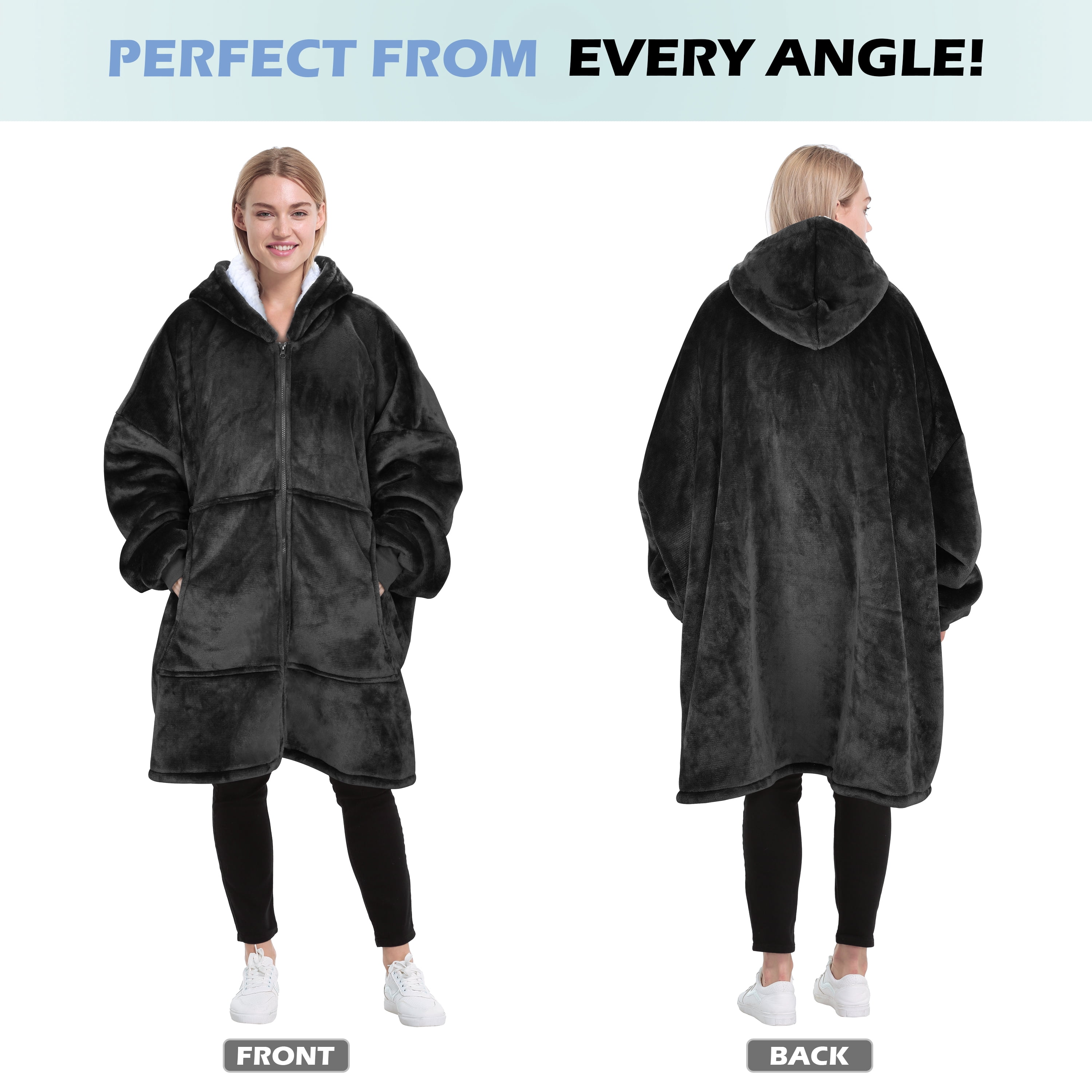 Catalonia Oversized Hoodie Blanket with Zipper, Wearable Sherpa Sweatshirt Pullover, Soft Warm Comfortable Jacket for Adults Men Women, Black