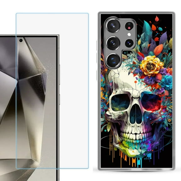 For Samsung Galaxy S25 Ultra 5G Phone Case Cover with Tempered Glass Screen Protector, by OneToughShield - Skull Flower