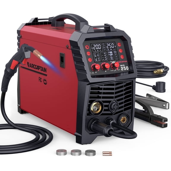 ARCCAPTAIN MIG Welder, 250Amp 6 in 1 Welding Machine Aluminum Welding Machine, Gas MIG/Gasless MIG/Stick/Lift TIG/Spool Gun/Spot Professional Welder Machine with Large LED Display