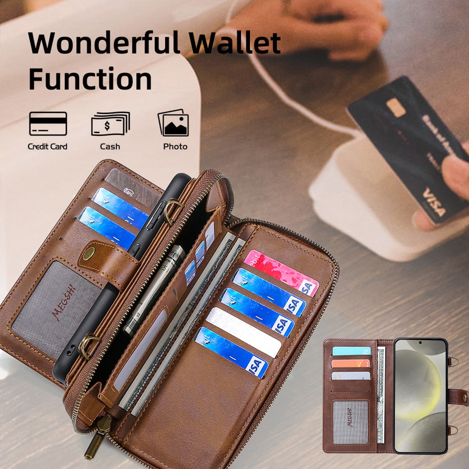 ShieldFlex Wallet Case Compatible with Samsung Galaxy S25 5G, 13-Card Holder Soft PU Leather Crossbody Wallet Zipper Pocket Magnetic Detachable Phone Cover Fit for Galaxy S25,Brown (3 IN 1)